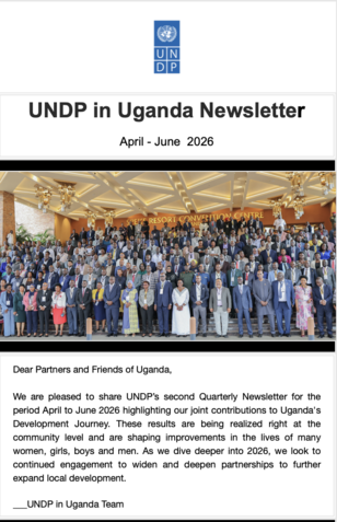 UNDP in Uganda Newsletter cover with UNDP logo and a large group photo in a hall.