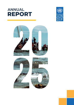 UNDP Annual Report 2025 cover featuring large 2025 filled with ocean photo and logos.