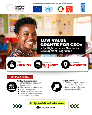 Smiling woman in a classroom; banner advertising Low Value Grants for CSOs with an Apply CTA.