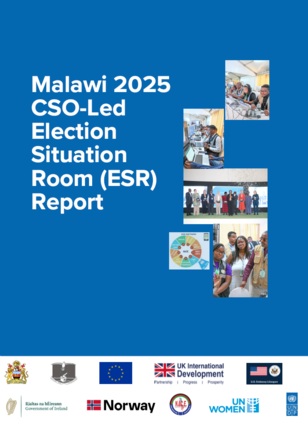 Blue Malawi 2025 CSO-Led Election Situation Room (ESR) Report with photo collage on the right.