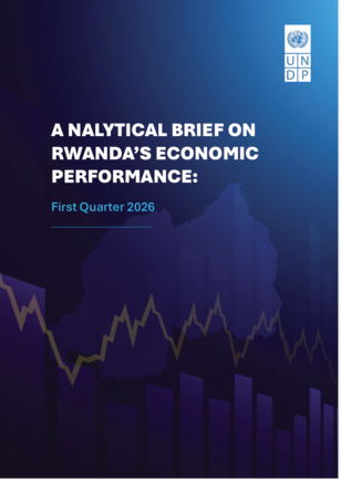 Analytical brief cover: Rwanda's economic performance, blue gradient with charts and a logo.