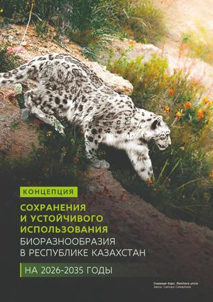 Spotted big cat resting on grassy ground among orange flowers; Russian conservation poster text