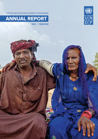The cover of UNDP Pakistan Annual Report 2021 with two Pakistani people