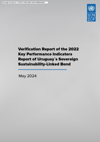 Cover page of the "Verification Report of the 2022 Key Performance Indicators Report of Uruguay’s Sovereign Sustainability-Linked Bond," published in May 2024 by the United Nations Development Programme (UNDP). The top right corner displays the UNDP logo.