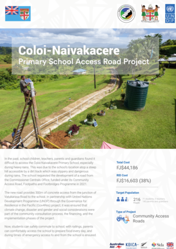 Poster for Coloi-Naivakacere Primary School Access Road Project; outdoor scene with tripod camera.
