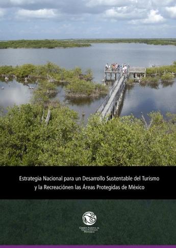 Photograph of a wooden boardwalk through a water-filled wetland under a cloudy sky; bottom text and logo.