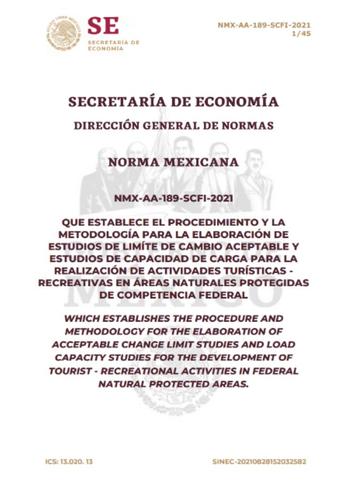 Front cover of Norma Mexicana document from Secretaría de Economía with official seals.