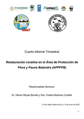 Quarterly report cover with logos and coral restoration in a Flora and Fauna Protection Area.