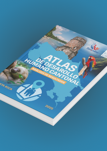 Tilted blue atlas brochure on a blue gradient background, featuring a dog photo, hikers by water, and a map icon.