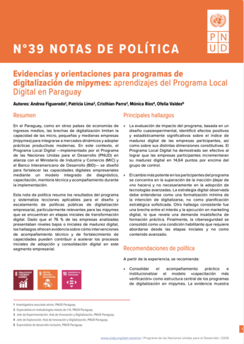 Policy Notes issue No. 39 cover with orange header, Spanish text blocks, and small logos.