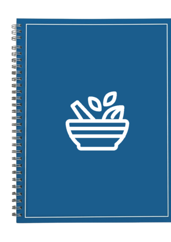 Blue spiral notebook featuring a white bowl with leaves logo on cover.