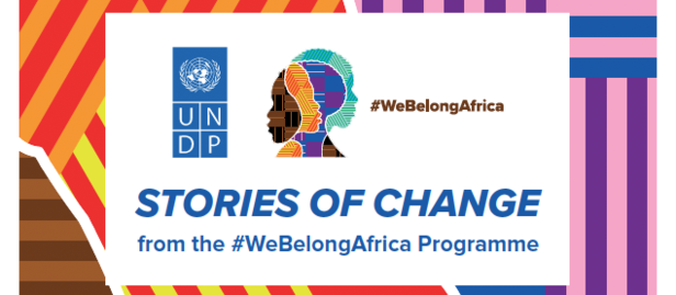 Colorful geometric patterns with a white banner reading "STORIES OF CHANGE" from the #WeBelongAfrica Programme.