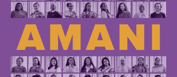 Purple book cover featuring a grid of black-and-white portraits around the bold orange AMANI.