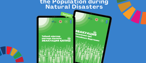 Two green brochures about evacuation during natural disasters on a blue background.