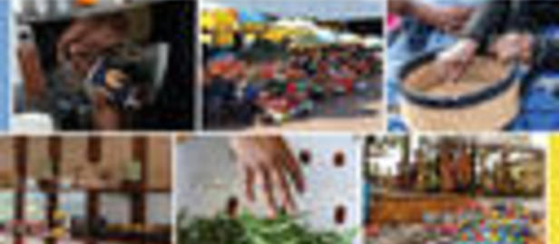 Eswatini national MSME policy collage showing market scenes, crafts, and entrepreneurs.