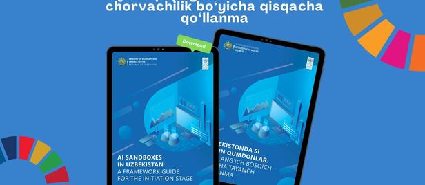 Two blue tablets displaying an app on a blue background with colorful circular design elements.