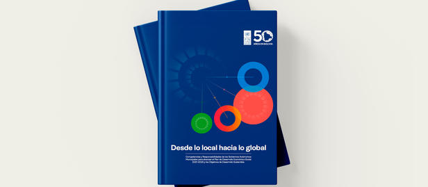 Stack of dark blue brochures on a light surface, featuring a colorful circular logo.