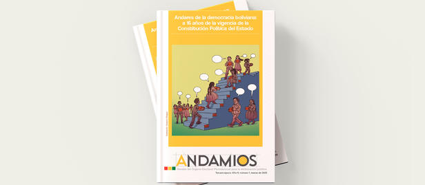 Stack of yellow and white brochures with a cartoon crowd and ANDAMIOS logo.