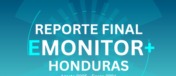 Graphic cover for EMONITOR+ report, Honduras, Aug 2005–Jan 2013, blue gradient with logo.