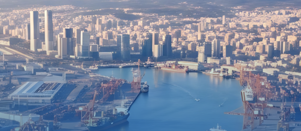 Aerial harbor city with cranes; policy brief title The Impacts of the Middle East Conflict on Africa.