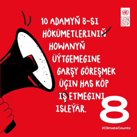Red poster with a stylized figure covering the mouth, UNDP logo, and a large 8 with #ClimateCounts.
