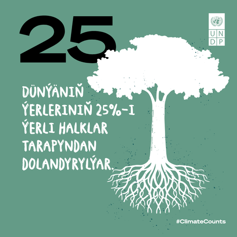 Teal poster with a white tree and roots, 25th anniversary, multilingual text, #ClimateCounts.