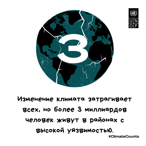 Graphic: teal globe with a large white 3, UNDP logo, Russian text on climate vulnerability.