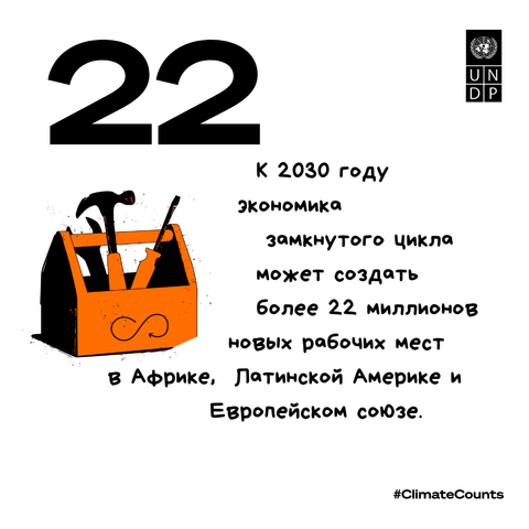Infographic with large 22, UNDP logo, orange safety vest illustration, and Russian climate goals text.