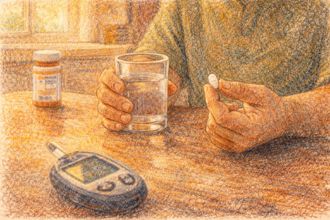 A person at a table holds a glass of water; a bottle and a small device lie nearby.