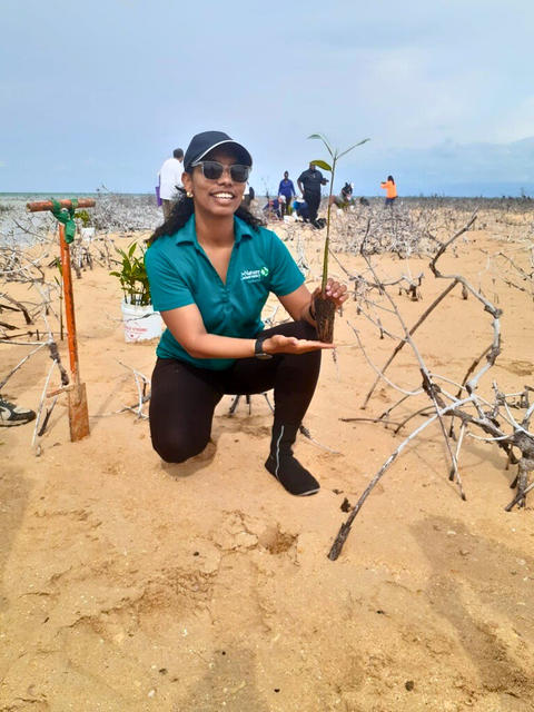 Kneeling woman on a sandy beach beside a barbed-wire fence, wearing a teal shirt and cap, and holding a mangrove, smiling.