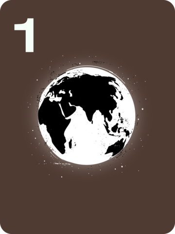 Brown square with a white number 1 in the top-left and a glowing globe icon in the center.