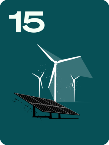 Teal graphic showing wind turbines and solar panels; '15' in the top-left.