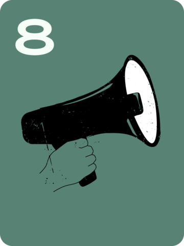 Graphic of a hand holding a megaphone on a teal background with the number 8.