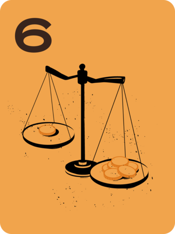 Graphic of a balance scale with coins on the right pan, empty left pan, orange background, large 6 in the corner.