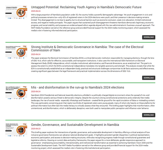 A graphic displaying several reports on youth agency and governance in Namibia.