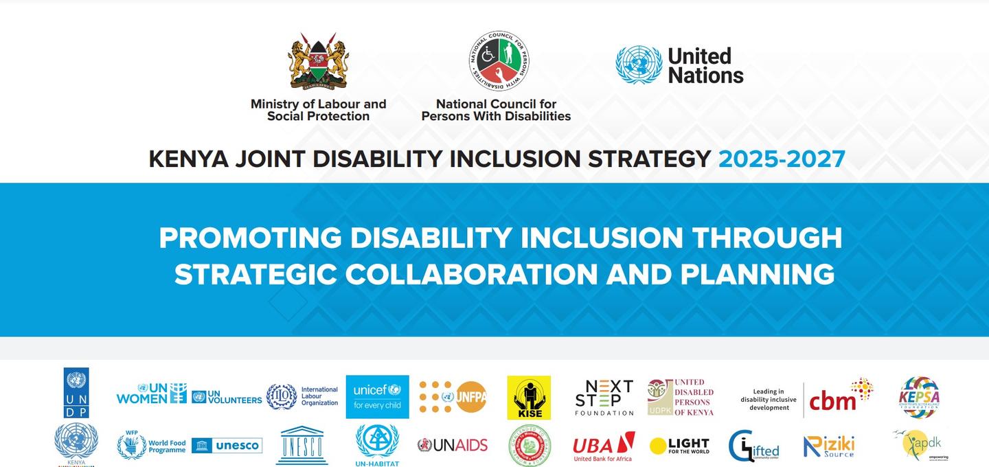 Kenya Joint Disability Inclusion Strategy 2020-2027 banner with logos and promotional text.