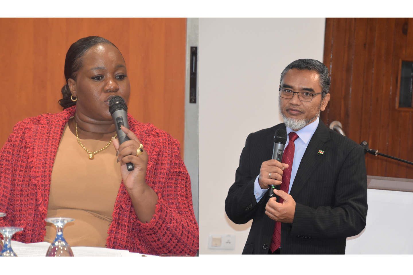 Two panelists at a conference table; a woman in a red blazer and a man in a suit speak into microphones.