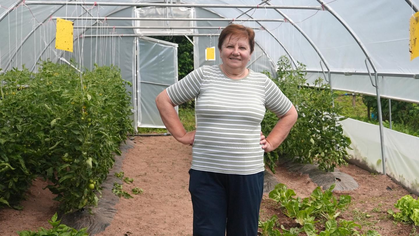 Photograph of a smiling person in a striped shirt standing with hands on hips inside a greenhouse.