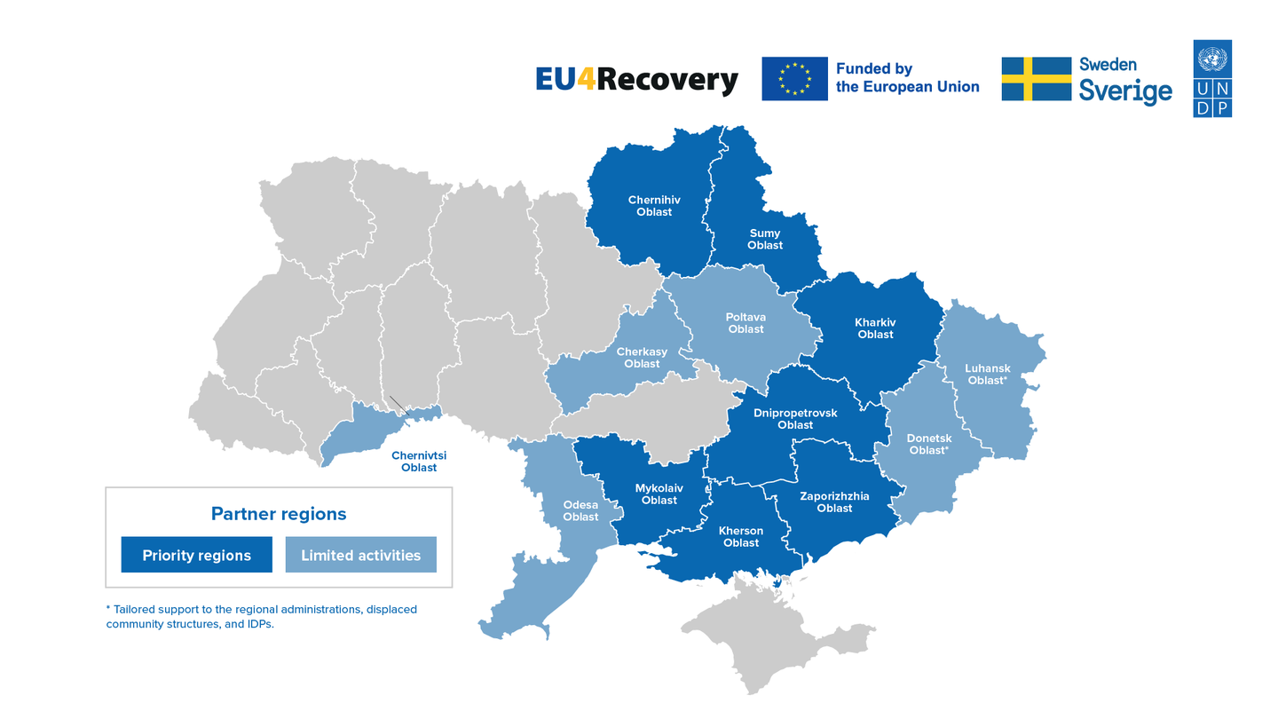 Poland map with blue-highlighted regions for EU Recovery, grey rest; legend bottom-left.