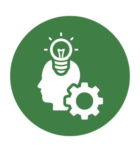 Green circle with white head silhouette, lightbulb, and gear.