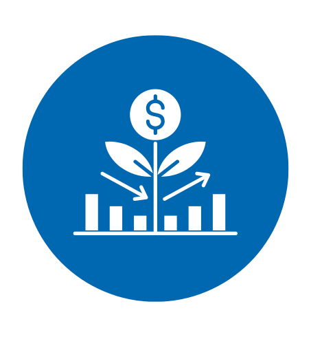 Blue circular icon of a plant growing from soil with a dollar leaf above a bar chart.