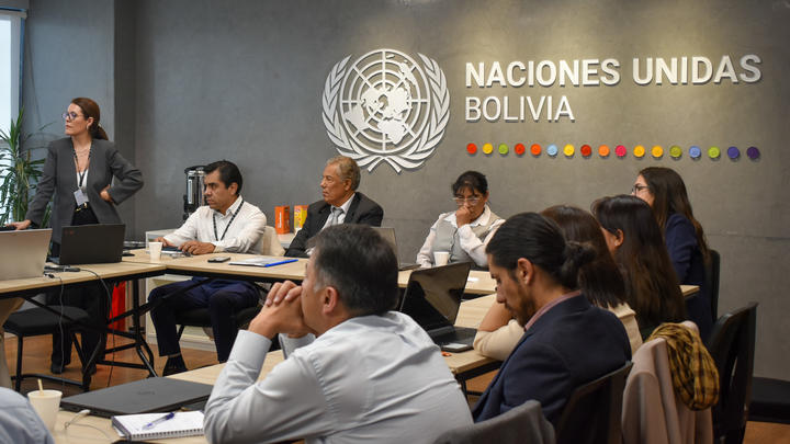 Conference room with UN Bolivia logo; speaker at podium and seated attendees